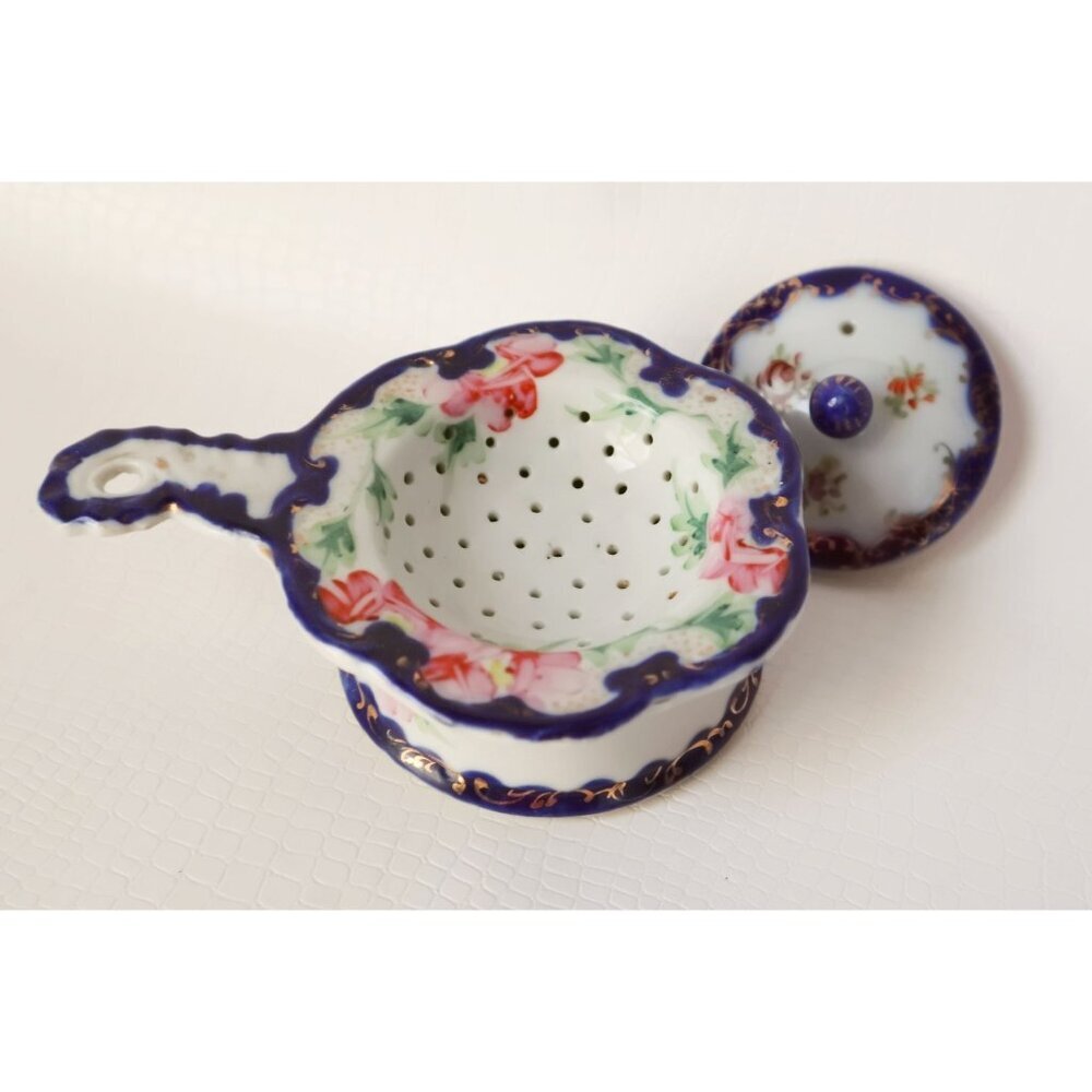Antique Porcelain Blue & Floral Tea Strainer With Stand and Lid